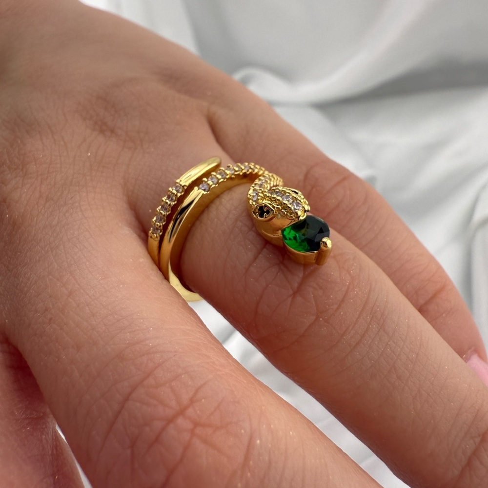 Gold Snake Ring with Green Stone and Pavé Crystals - Picture 7 of 11